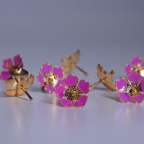 Pure Silver Pink Enamel Flowers 18G (Pack Of 10)